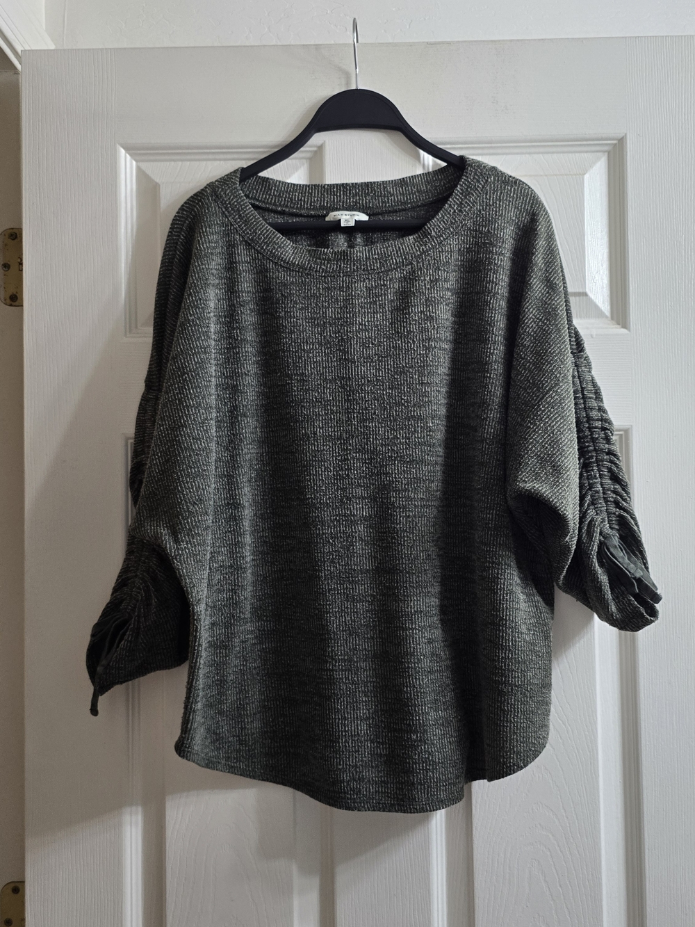 Max Studio Olive Green Crewneck Sweater with Ruched Sleeves